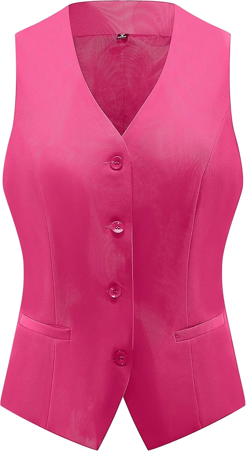 V VOCNI Women's Fully Lined 4 Button V-Neck Economy Dressy Suit Vest Waistcoat