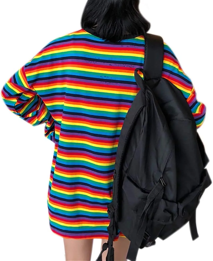 Women Girls Casual Oversized Striped T Shirt Long Sleeves Pullover Sweatshirt Tops