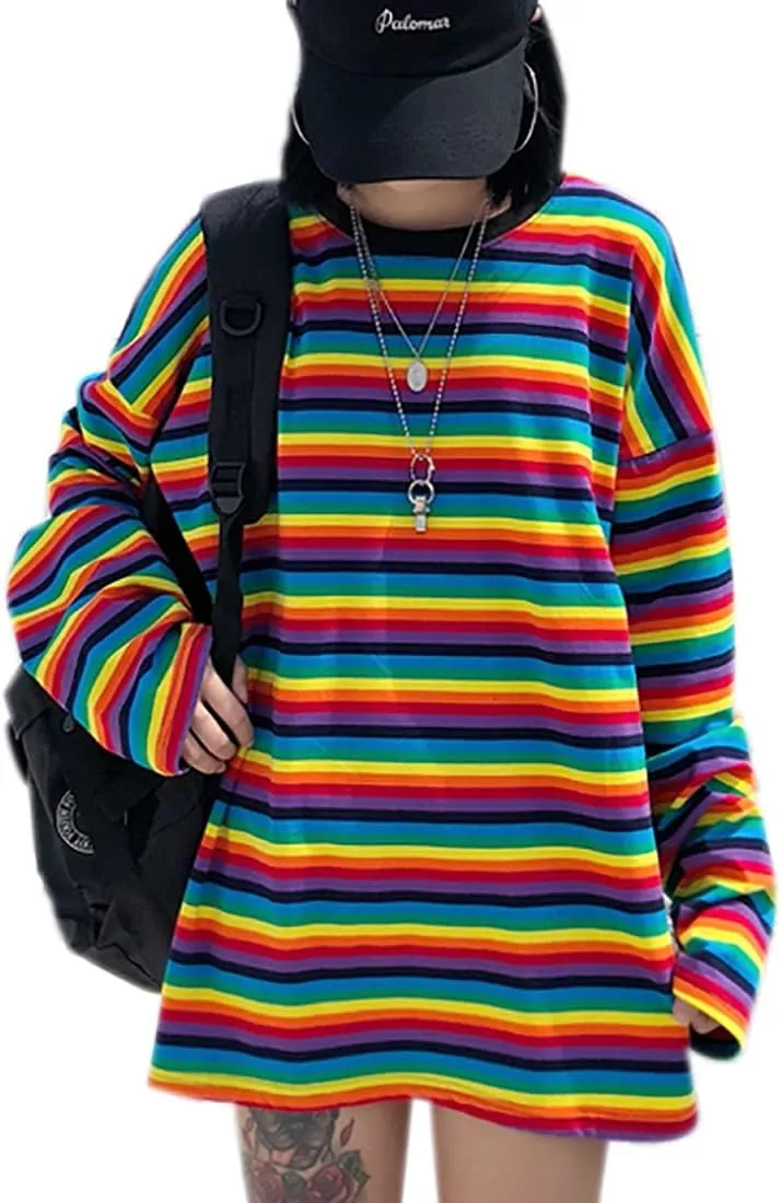 Women Girls Casual Oversized Striped T Shirt Long Sleeves Pullover Sweatshirt Tops