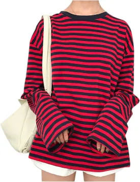 Women Girls Casual Oversized Striped T Shirt Long Sleeves Pullover Sweatshirt Tops
