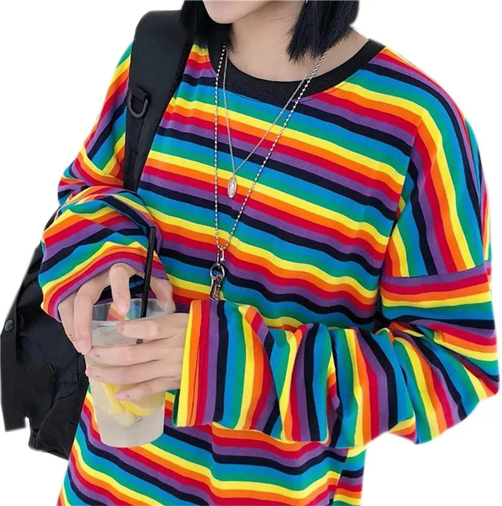 Women Girls Casual Oversized Striped T Shirt Long Sleeves Pullover Sweatshirt Tops