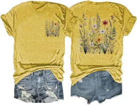 Women Wildflowers Shirt Boho Floral T-Shirt Cute Plant Floral Tops Garden Lovers Tee Shirt Inspirational Graphic Tops