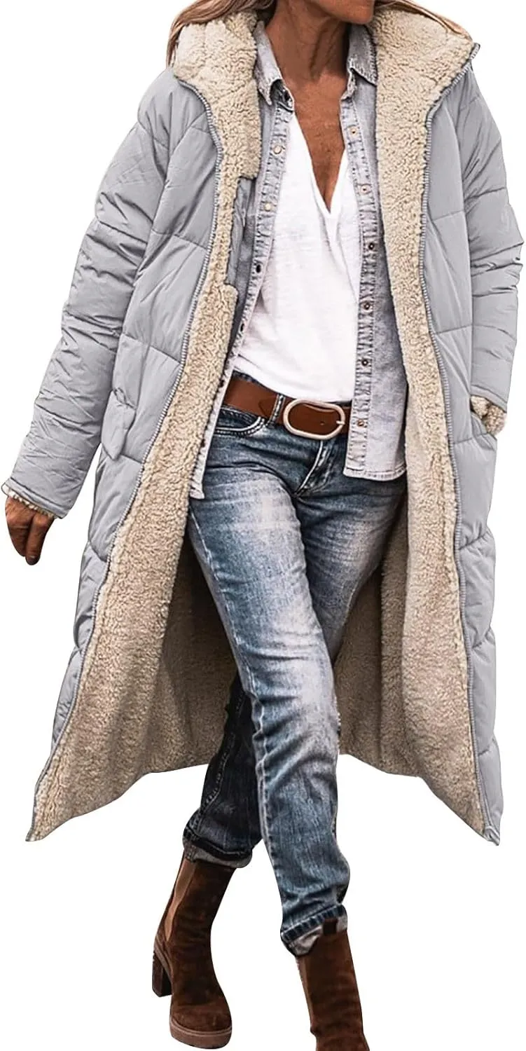 Womens 2024 Winter Fashion Solid Zip Up Jacket with Pockets Hooded Fleece Coat Warm Fitted Reversible Outdoor Outerwear