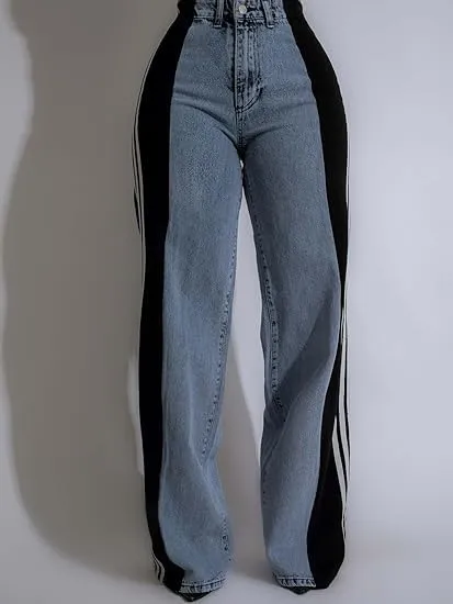 Women's Color Block Wide Leg Denim Pants High Waisted Patchwork Stripes Jeans Stretchy Two Tone Jeans Trousers