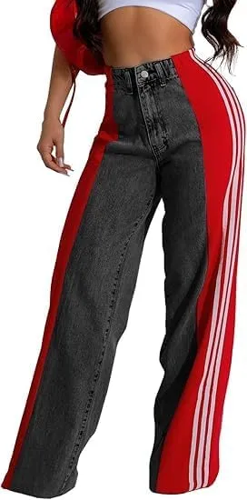Women's Color Block Wide Leg Denim Pants High Waisted Patchwork Stripes Jeans Stretchy Two Tone Jeans Trousers
