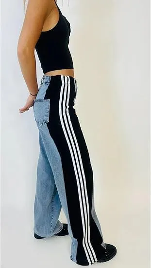 Women's Color Block Wide Leg Denim Pants High Waisted Patchwork Stripes Jeans Stretchy Two Tone Jeans Trousers
