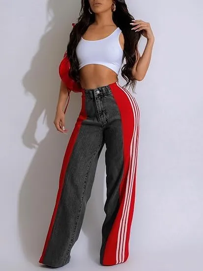 Women's Color Block Wide Leg Denim Pants High Waisted Patchwork Stripes Jeans Stretchy Two Tone Jeans Trousers