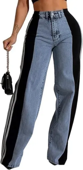 Women's Color Block Wide Leg Denim Pants High Waisted Patchwork Stripes Jeans Stretchy Two Tone Jeans Trousers