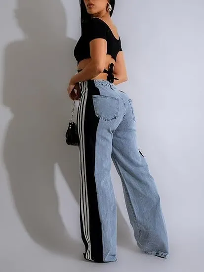 Women's Color Block Wide Leg Denim Pants High Waisted Patchwork Stripes Jeans Stretchy Two Tone Jeans Trousers