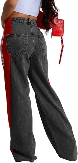 Women's Color Block Wide Leg Denim Pants High Waisted Patchwork Stripes Jeans Stretchy Two Tone Jeans Trousers