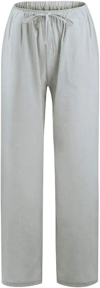 Women's Cotton Linen Pants Summer Drawstring High Waisted Palazzo Pants Casual Wide Leg Yoga Pants with Pockets