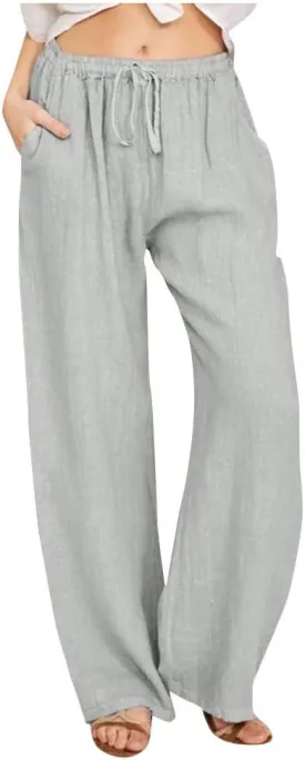 Women's Cotton Linen Pants Summer Drawstring High Waisted Palazzo Pants Casual Wide Leg Yoga Pants with Pockets