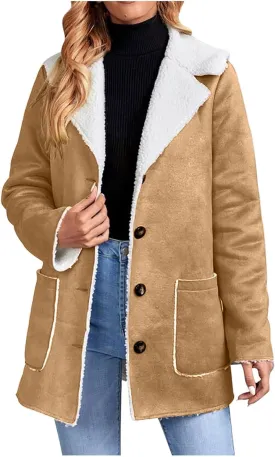 Women's Faux Suede Sherpa Trench Coat Winter Warm Lapel Outwear Sherpa Fleece Lined Jackets Plus Size Pea Coat