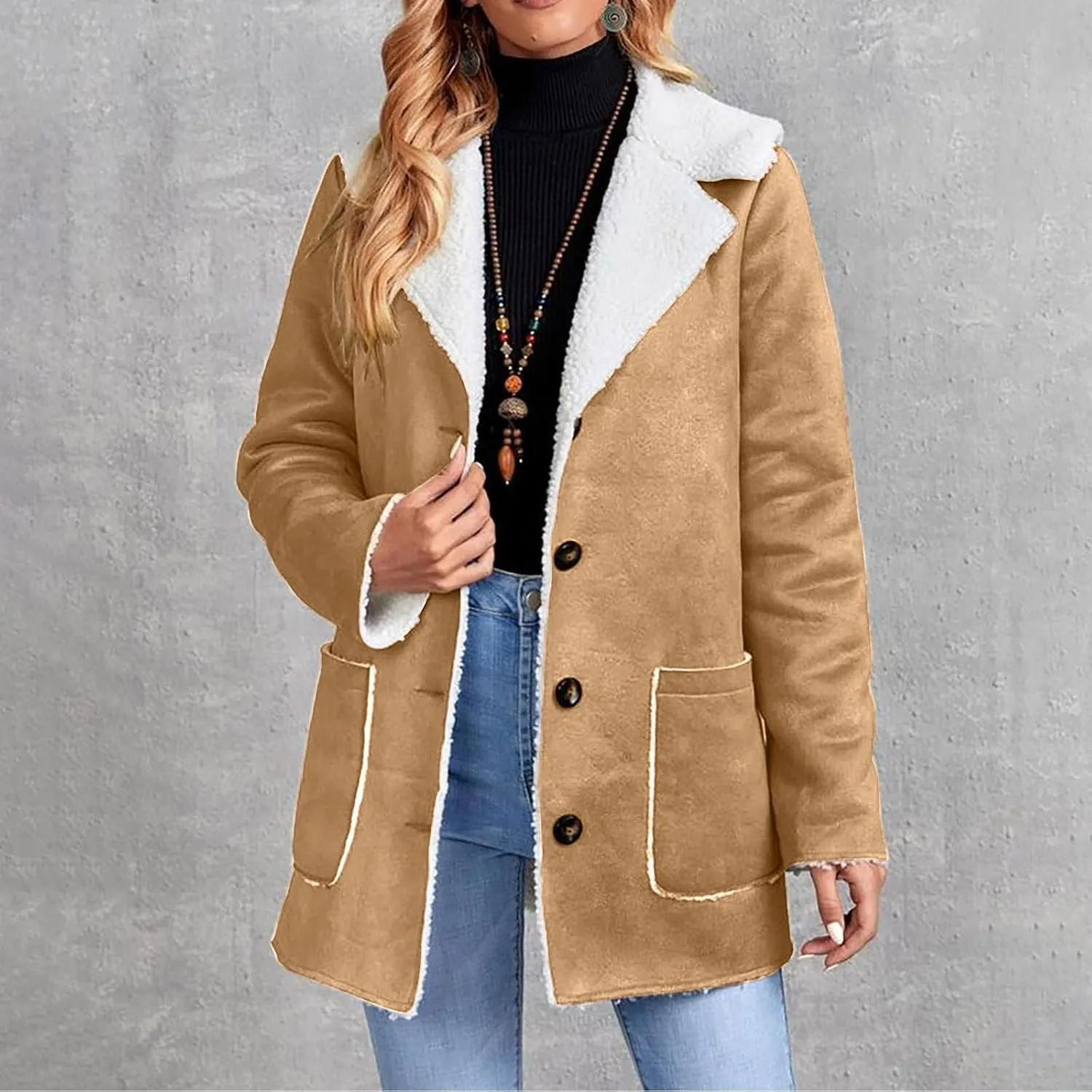 Women's Faux Suede Sherpa Trench Coat Winter Warm Lapel Outwear Sherpa Fleece Lined Jackets Plus Size Pea Coat