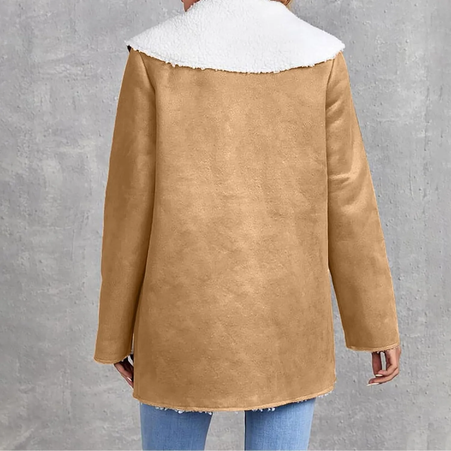 Women's Faux Suede Sherpa Trench Coat Winter Warm Lapel Outwear Sherpa Fleece Lined Jackets Plus Size Pea Coat
