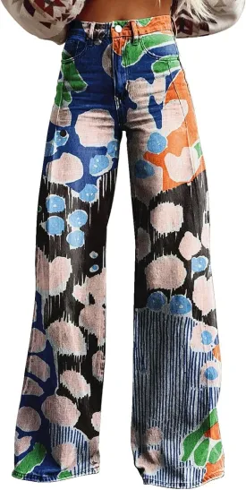 Women's Flare Jeans Wide Leg Baggy Pant Vintage Floral Printed High Waisted Straight Stretch Pants with Pockets