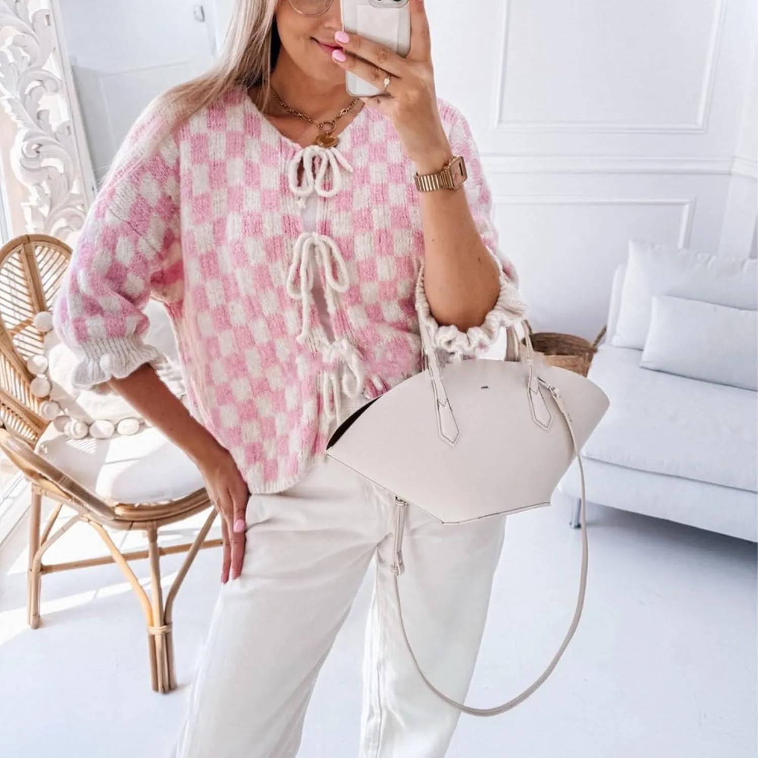Women's Knit Checkered Tie Front Cardigan Crew Neck Ruffle Half Sleeve Knitted Sweater Casual Cute Loose Knitwear