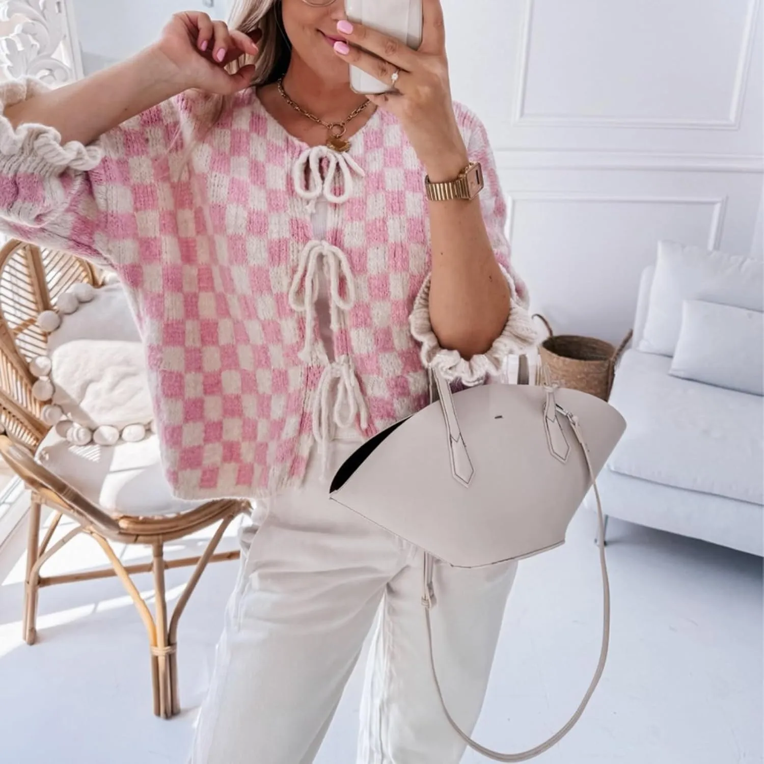 Women's Knit Checkered Tie Front Cardigan Crew Neck Ruffle Half Sleeve Knitted Sweater Casual Cute Loose Knitwear