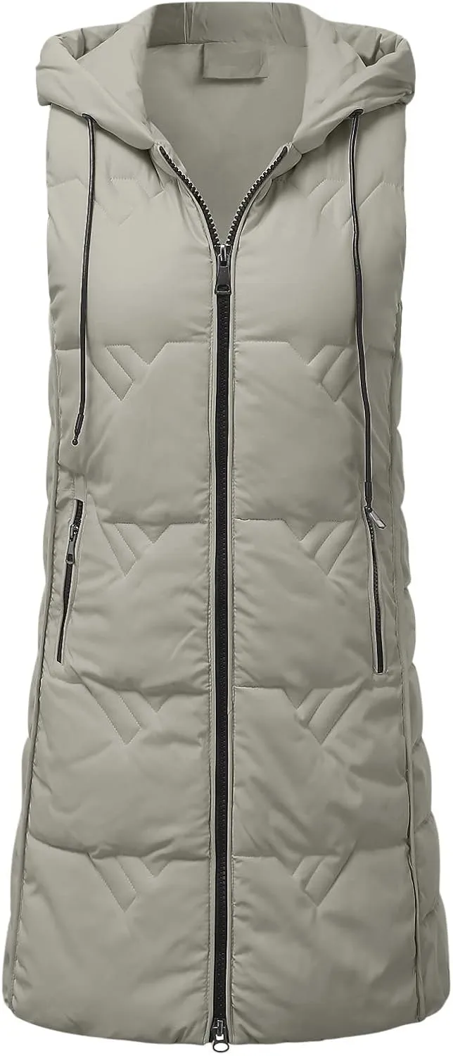 Womens Long Down Vest with Hood Fashion Thickened Hooded Sleeveless Puffer Jackets Long Coats Warm Winter Outerwear