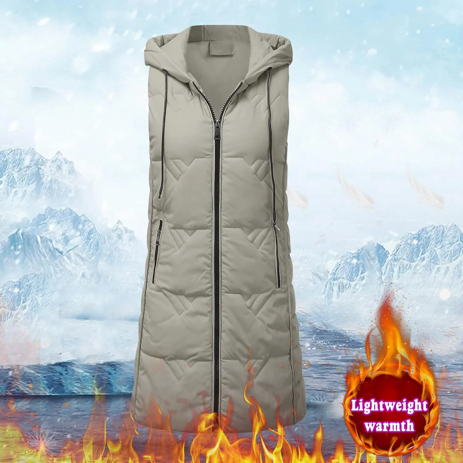 Womens Long Down Vest with Hood Fashion Thickened Hooded Sleeveless Puffer Jackets Long Coats Warm Winter Outerwear