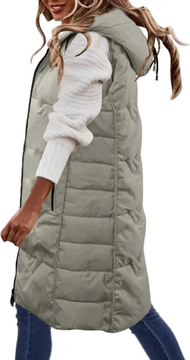 Womens Long Down Vest with Hood Fashion Thickened Hooded Sleeveless Puffer Jackets Long Coats Warm Winter Outerwear
