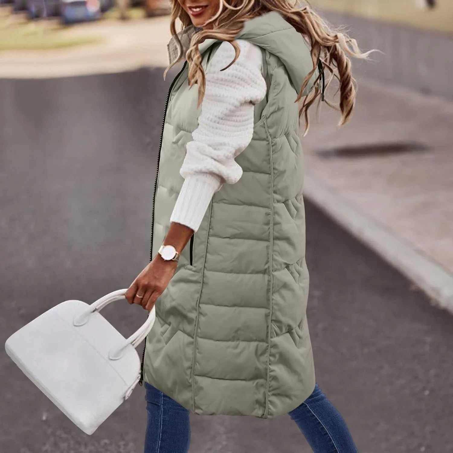 Womens Long Down Vest with Hood Fashion Thickened Hooded Sleeveless Puffer Jackets Long Coats Warm Winter Outerwear