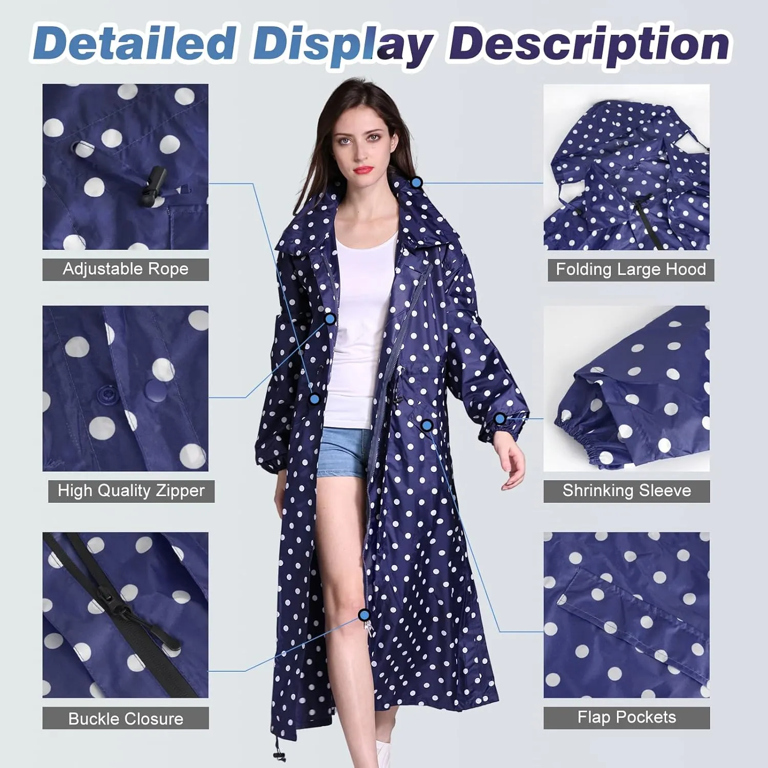 Womens Long Raincoats Waterproof Rain Jacket Lightweight Breathable Hooded Windbreaker