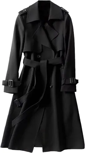 Womens Long Trench Coat Casual Slim Windbreaker Jacket Windproof Double Breasted Lapel Overcoat with Belt
