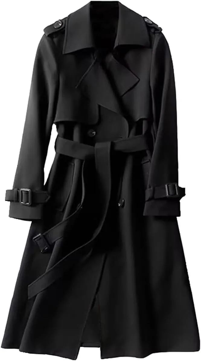 Womens Long Trench Coat Casual Slim Windbreaker Jacket Windproof Double Breasted Lapel Overcoat with Belt