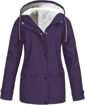 Women's Plus Size Fleece Lined Jacket Waterproof Windproof Snow Ski Hooded Raincoats Outdoor Lightweight Trench Coat