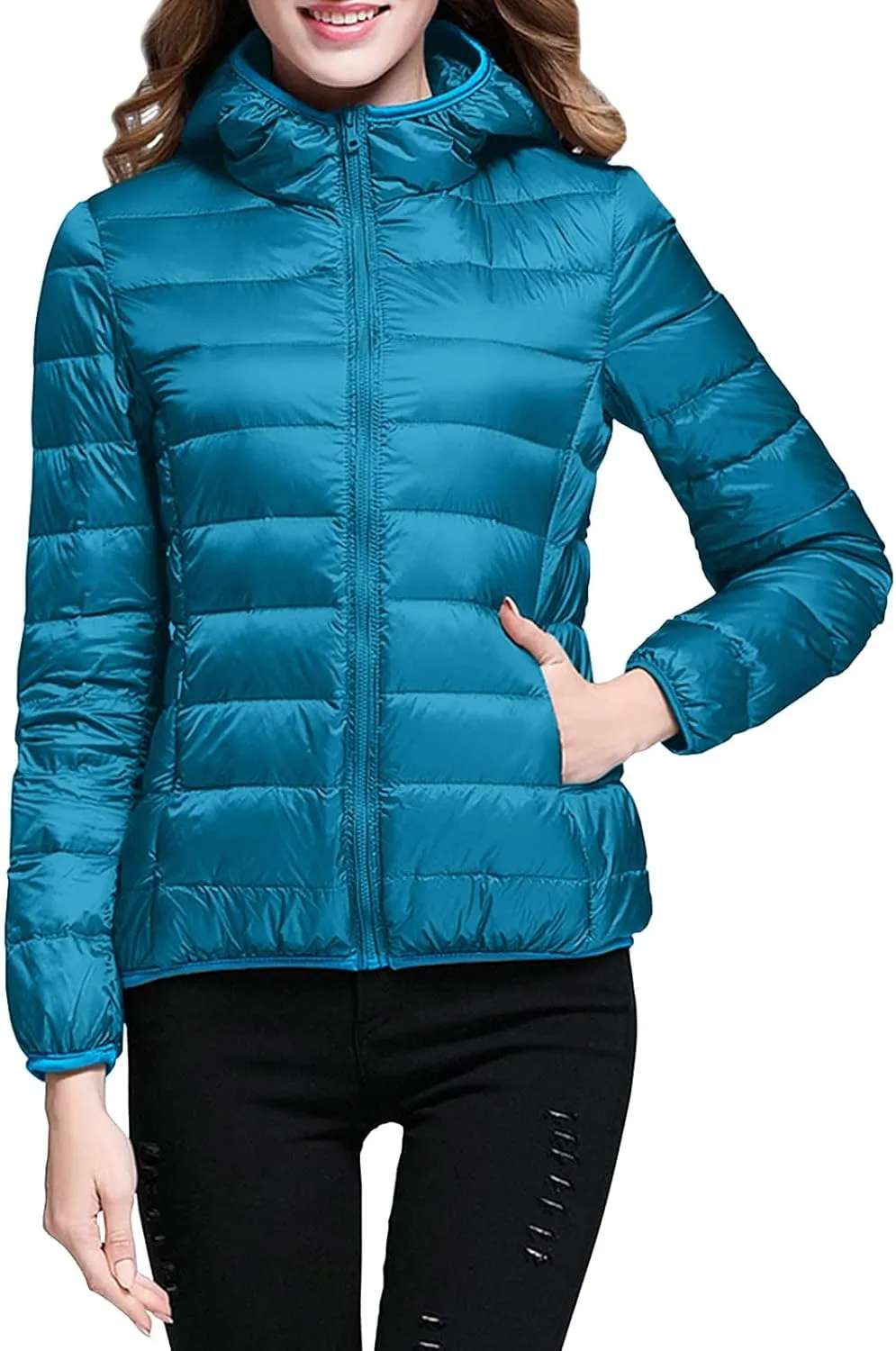 Womens Puffer Jacket 2024 Winter Warm Packable Down Jacket Lightweight Slim Fit Hooded Jacket Short Duck Down Coat