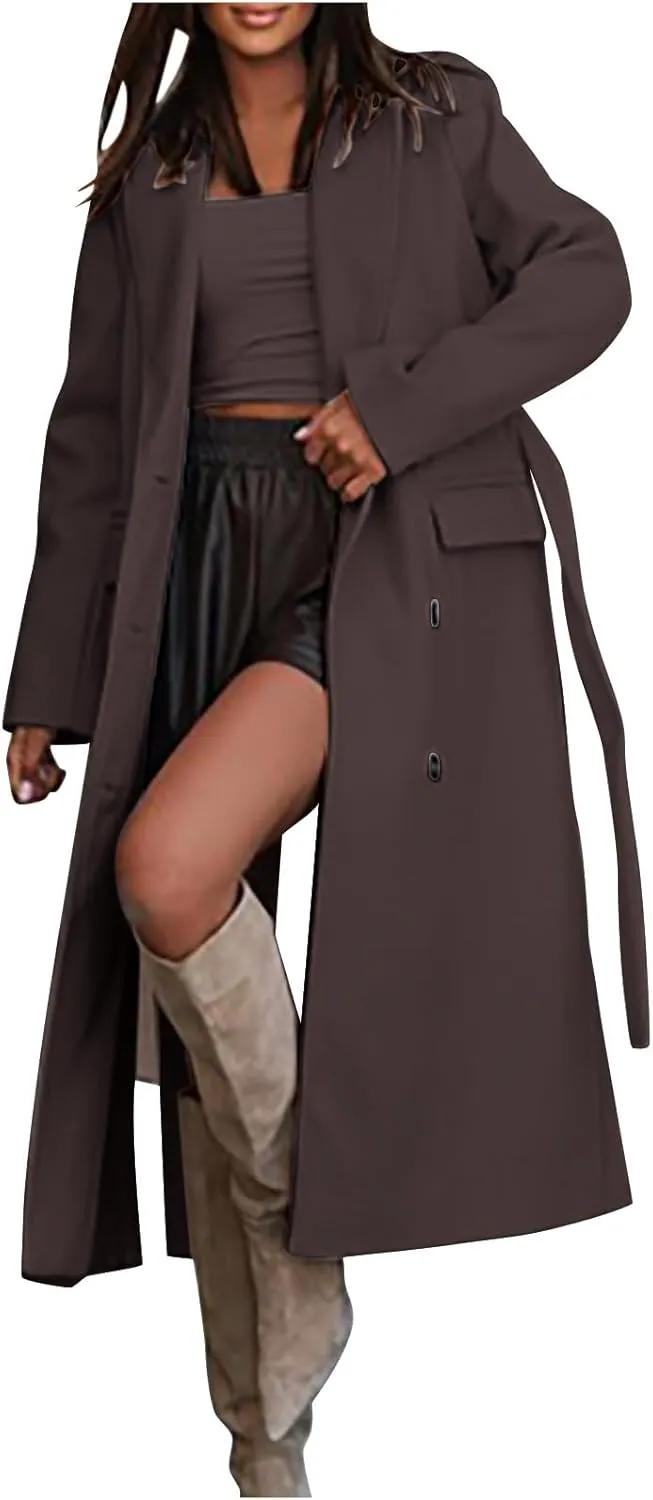 Women's Winter Double Breasted Wool Coat Long Sleeve Notch Lapel Overcoats Midi Long Winter Trench Coats Belt