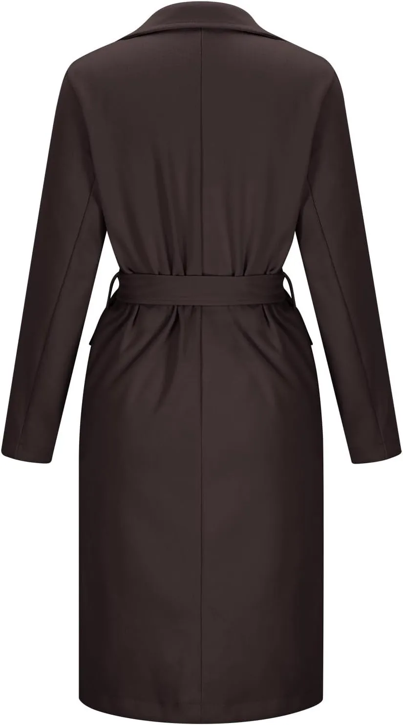 Women's Winter Double Breasted Wool Coat Long Sleeve Notch Lapel Overcoats Midi Long Winter Trench Coats Belt