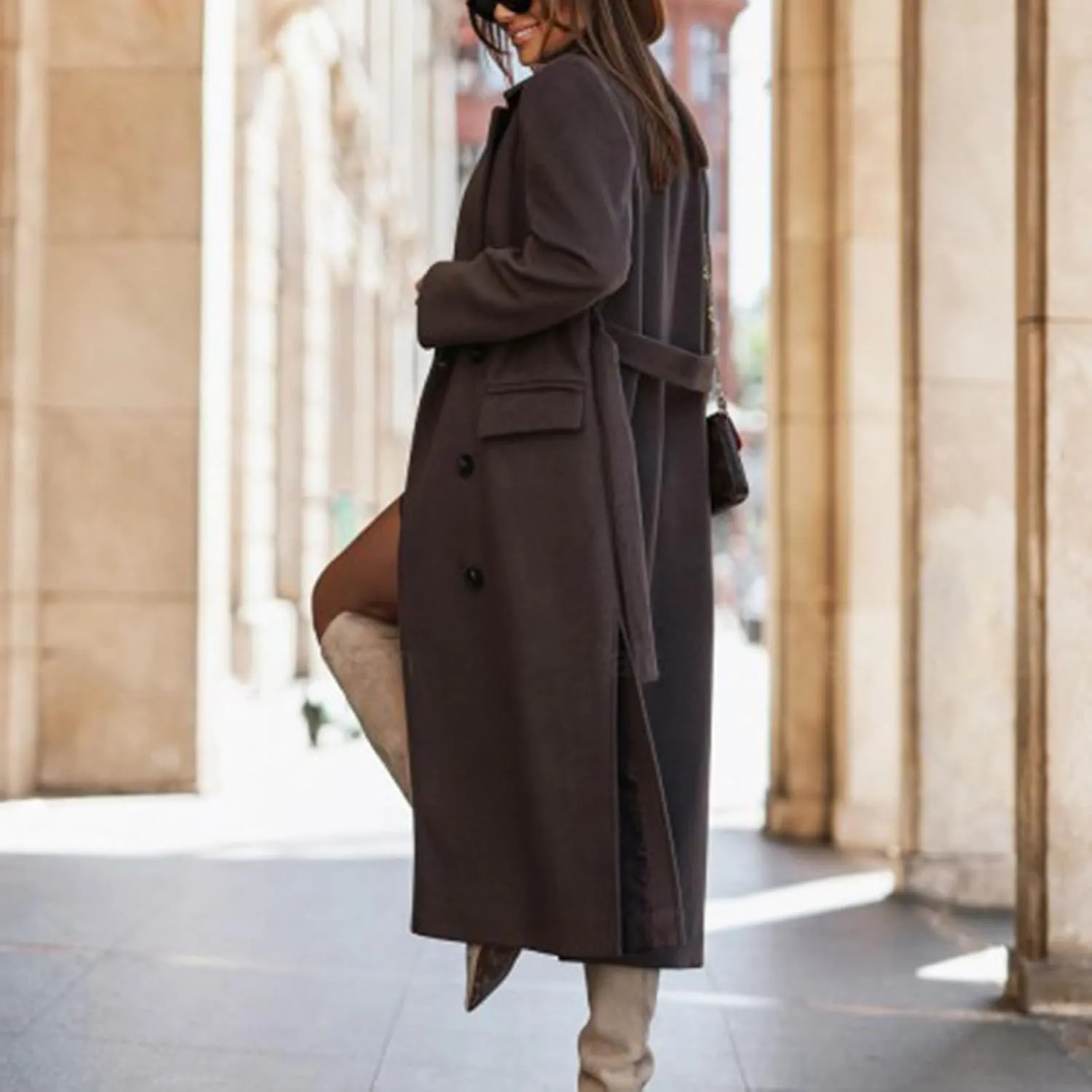 Women's Winter Double Breasted Wool Coat Long Sleeve Notch Lapel Overcoats Midi Long Winter Trench Coats Belt