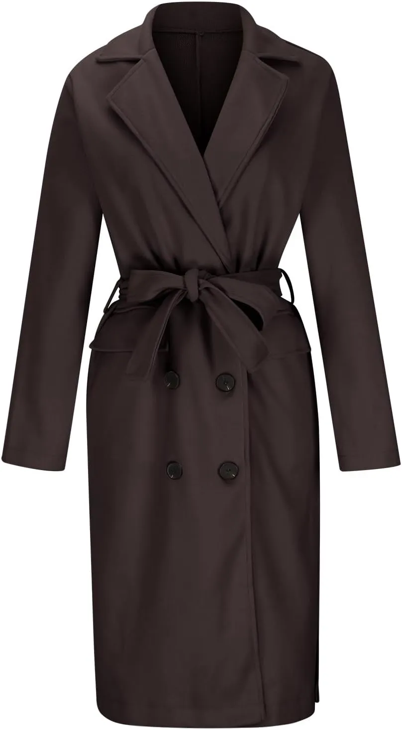Women's Winter Double Breasted Wool Coat Long Sleeve Notch Lapel Overcoats Midi Long Winter Trench Coats Belt