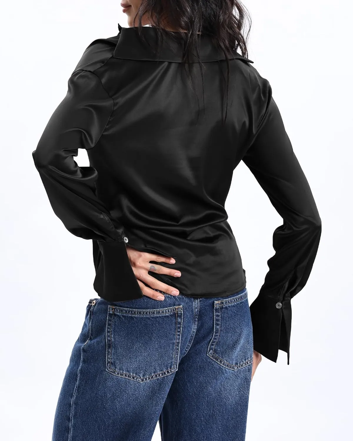 Xintianji Women's V Cut Cowl Neck Elastic Satin Side Zipper Shirt Long Sleeves Blouse Collared Shirt