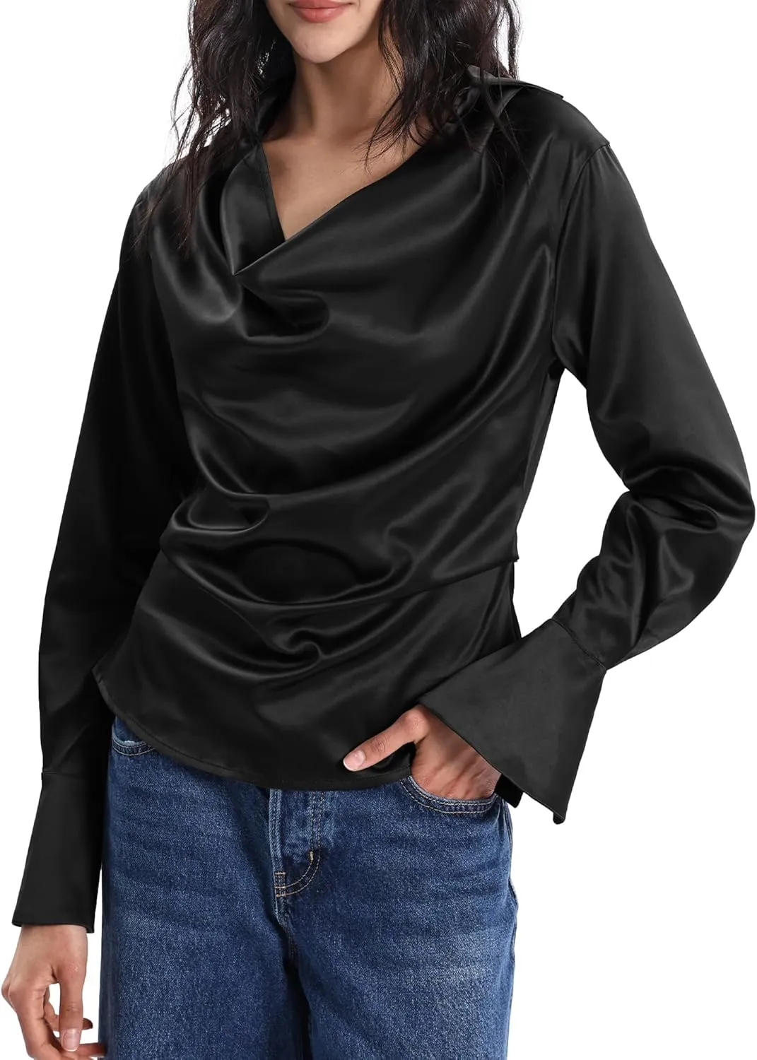 Xintianji Women's V Cut Cowl Neck Elastic Satin Side Zipper Shirt Long Sleeves Blouse Collared Shirt