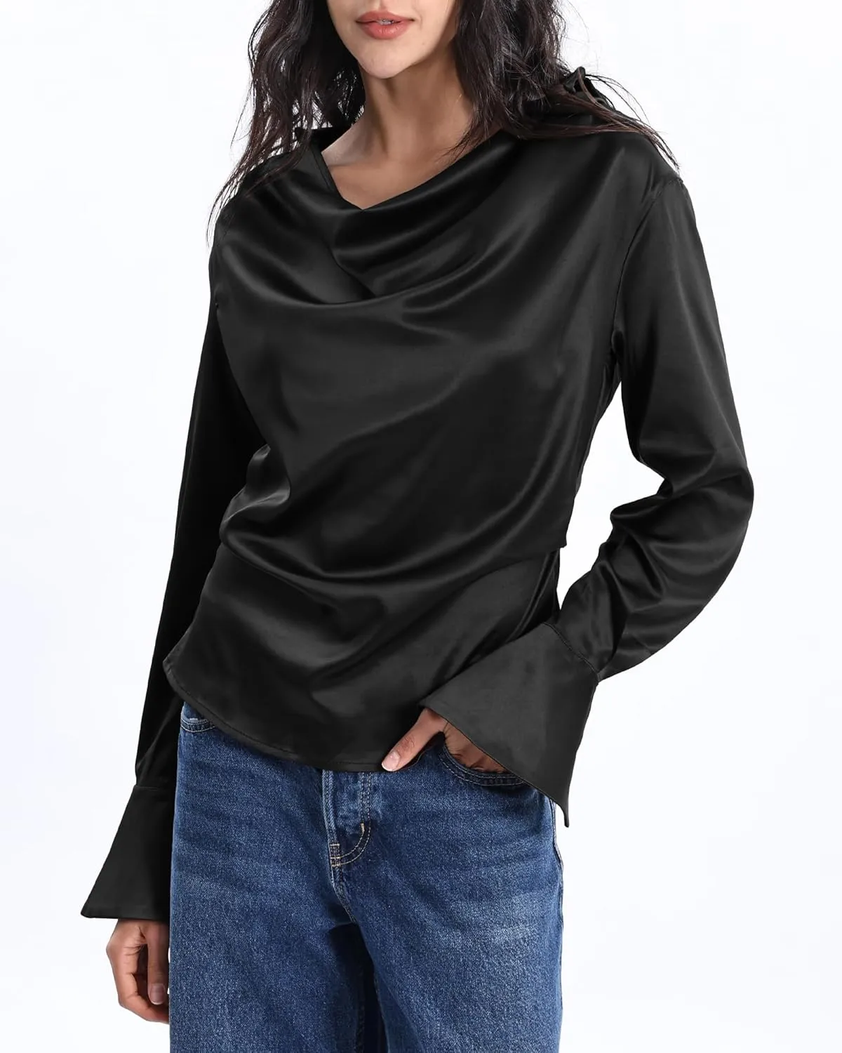 Xintianji Women's V Cut Cowl Neck Elastic Satin Side Zipper Shirt Long Sleeves Blouse Collared Shirt