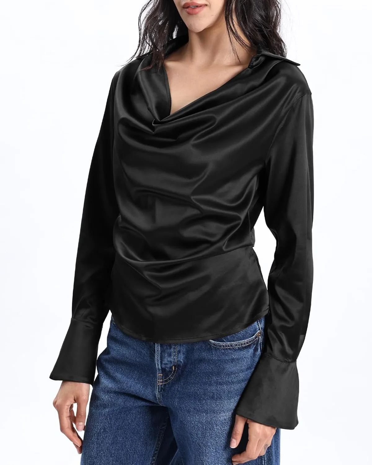 Xintianji Women's V Cut Cowl Neck Elastic Satin Side Zipper Shirt Long Sleeves Blouse Collared Shirt