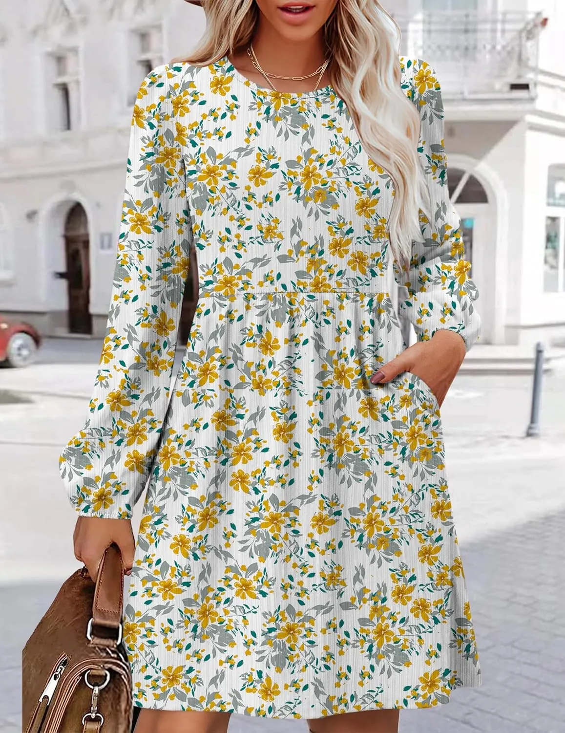 Zeagoo Women's Casual Knit Sweater Dress with Pockets Crew Neck Long Sleeve A-Line Dresses for Women 2024 Fall Dresses