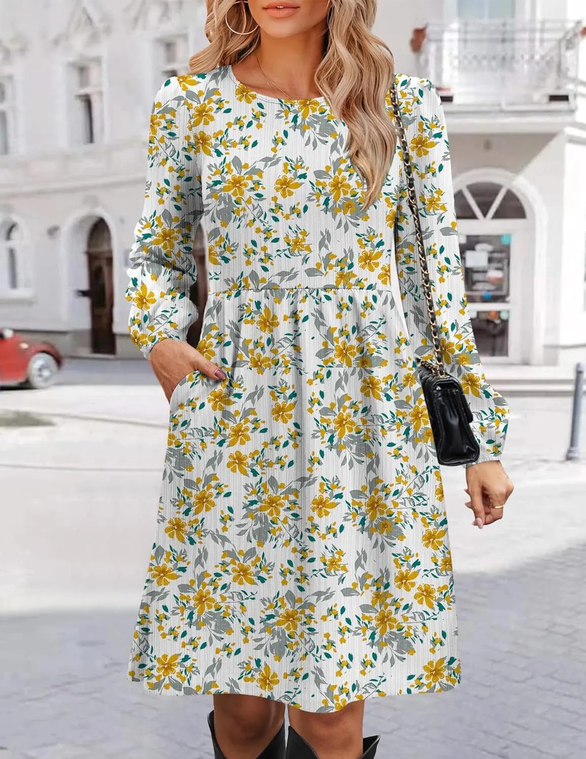 Zeagoo Women's Casual Knit Sweater Dress with Pockets Crew Neck Long Sleeve A-Line Dresses for Women 2024 Fall Dresses
