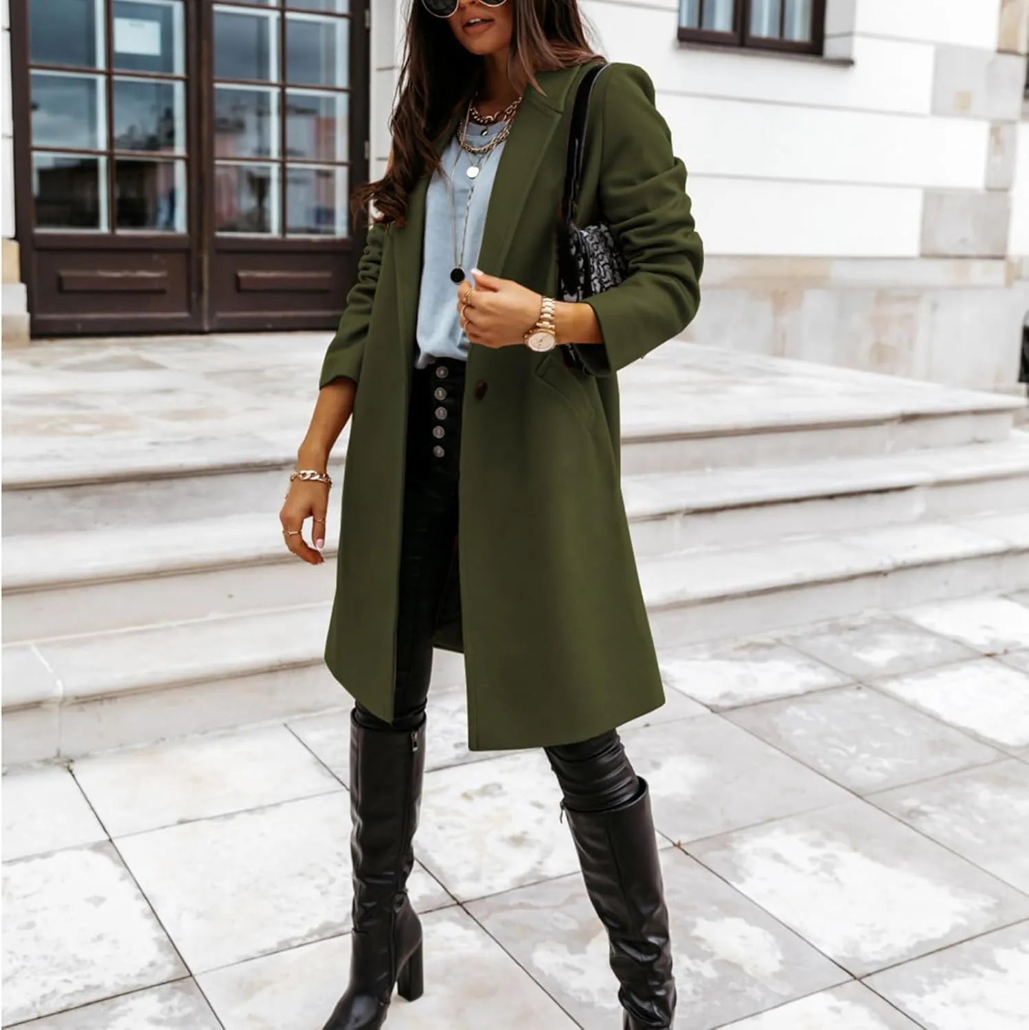 ZWRXW Women Winter Wool Blend Coat Single Breasted Casual Notched Lapel Collar Mid Long Peacoat Trench Jackets with Pocket