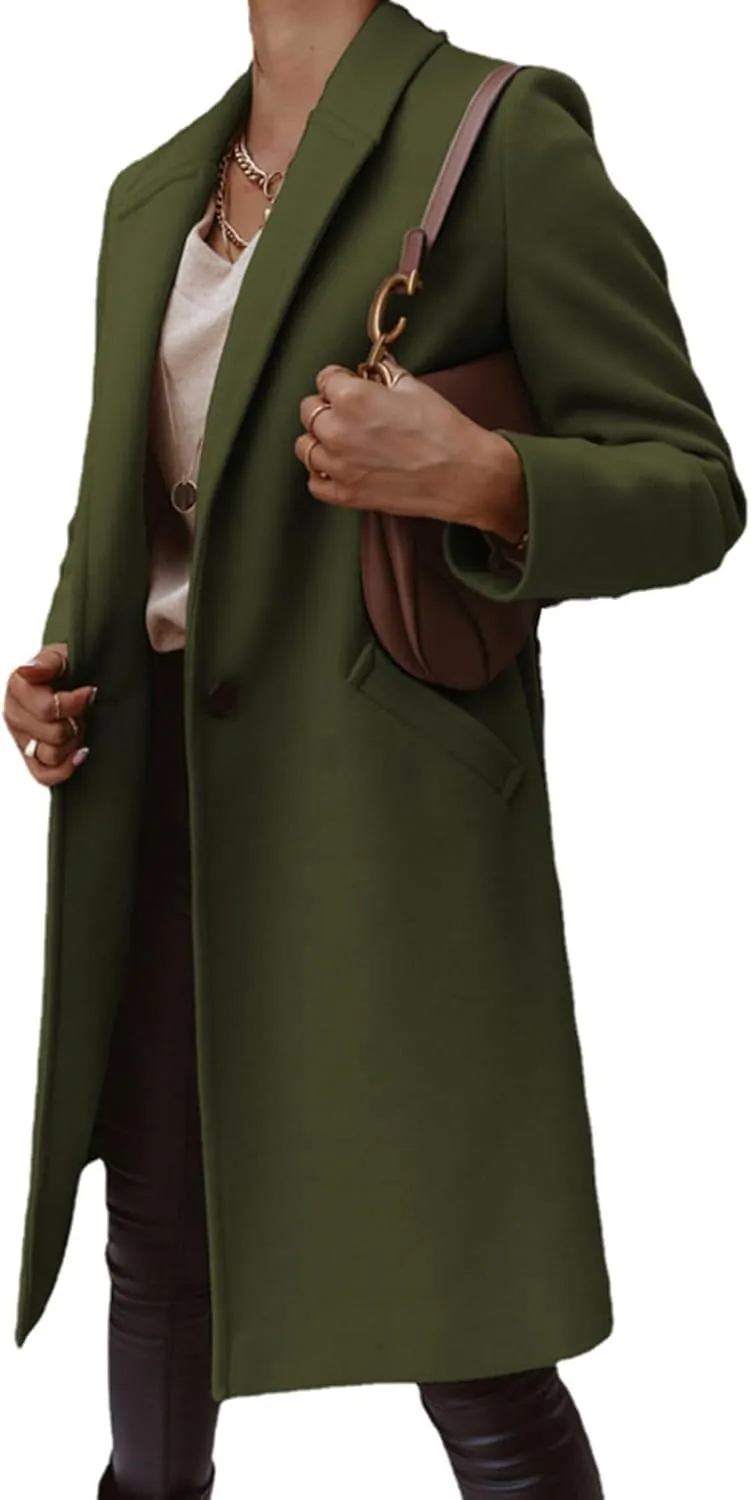 ZWRXW Women Winter Wool Blend Coat Single Breasted Casual Notched Lapel Collar Mid Long Peacoat Trench Jackets with Pocket